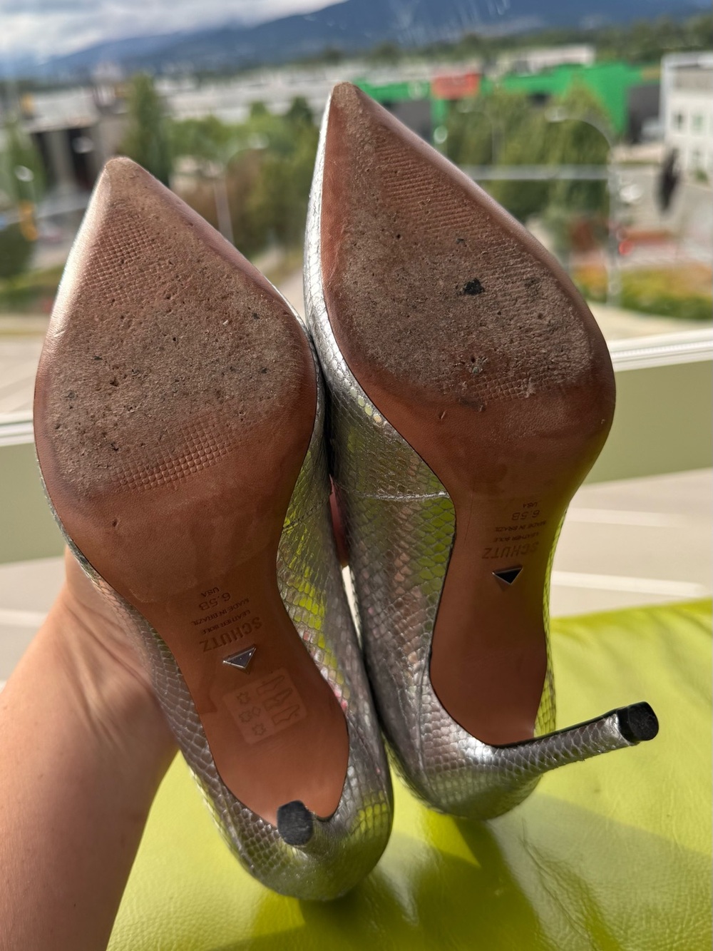 SCHUTZ Metallic Silver Snake-Embossed Pointed Toe Pumps - Picture 4 of 5